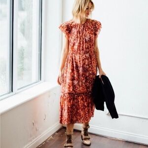 ULLA JOHNSON arlene ruffle tiered coral red orange midi dress 2